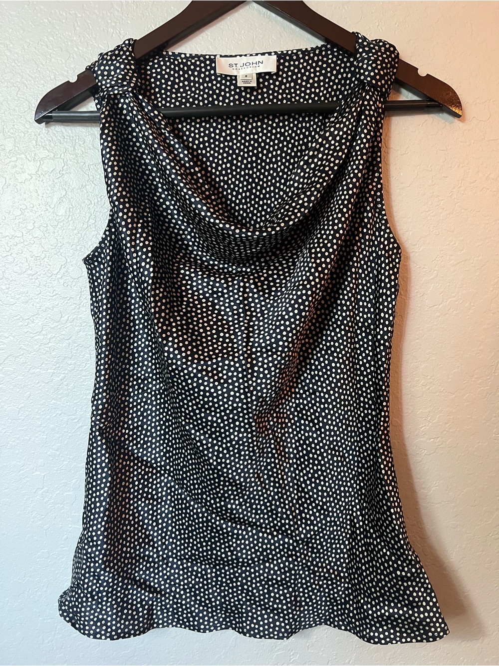 St. John Black and White Silk Polka Dot Cowl Neck Sleeveless Top